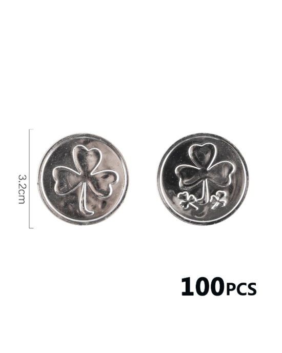 100 Pieces Plastic St. Patrick's Day Silver Lucky Coins with 3 Leaf Clover Patterns